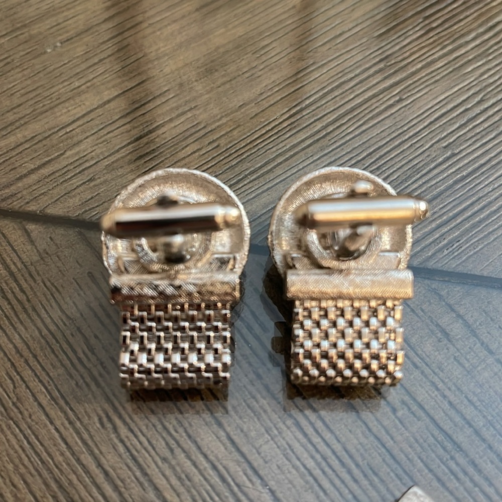 Vintage Silver-tone DANTE Bold Frame Blue Rivoli Glass Stone Mesh Wrap Cufflinks - Picture 10 of 16